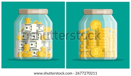 Two glass jars with money banknotes and gold coins. Money saving, banking deposit, investment strategy concept. Flat style vector.