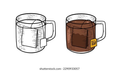 Dos tazas de vidrio con té caliente bebida grabando estilo retro. Ilustración de esbozo del vector.