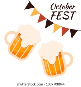 Two glass mugs of beer clink glasses. Design for october fest, brewery, bar or restaurant. The concept of German culture and traditions. Vector flat illustration.