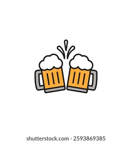 Two glass mugs of beer are clinked together with cheers and toasting. Vector icon. Isolated illustration on white background.