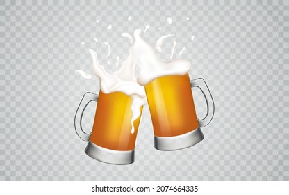 Two glass mugs beer.Cold drink with white foam on a checkered background.