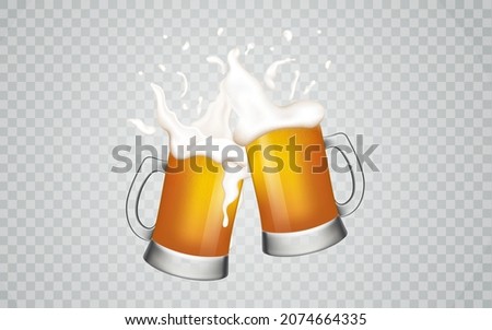 Two glass mugs beer.Cold drink with white foam on a checkered background.