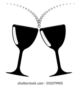 Two glass with stars or sparks - black icon.