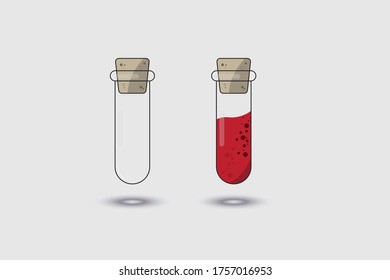 Two glass test tubes cartoon style isorated background. One tube empty other filled with red liquid. Vector illustration.