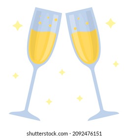 Dos copas delgadas de vidrio con champán y burbujas, estrellas alrededor, de estilo plano. Copas con sombras y resaltados. Objetos de diseño, elementos decorativos para la carta y el restaurante. Adecuado para el logotipo de la marca.
