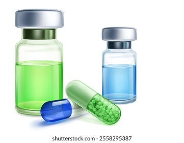 Two glass vials with colored liquids and two capsules, one filled with green granules and the other blue. With shadows on a white background.