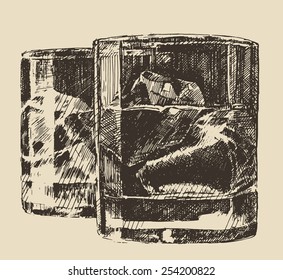 Two glass of whiskey vintage illustration, engraved retro style, hand drawn, sketch
