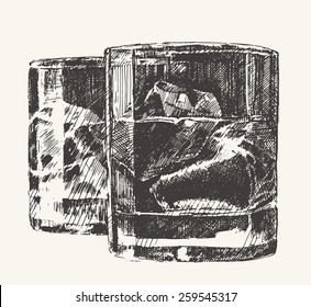 Two glass of whiskey vintage illustration, engraved retro style, hand drawn, sketch