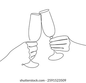 two glass of wine cheering continuous line art illustration celebration digital logo assets