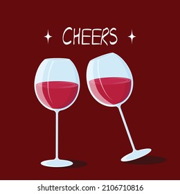 Two glass of wine on red background. For cards, invitations, advertisements, banners. Love lovers. Vector illustration. 