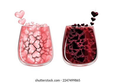 Two glasses with 3-d pink and black hearts.Greetings,decorative element for Valentine's Day, birthday, women's Day.