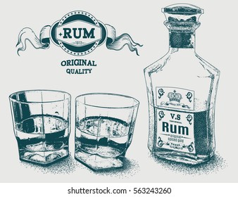 Two Glasses Of Alcohol, Bottle And Rum Logo. Design For Advertising Of Strong Alcoholic Drink. Vector Illustration