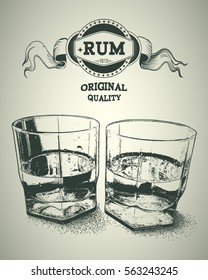 Two glasses of alcohol and rum logotype. Design for advertising of hard alcoholic beverages. Vector illustration