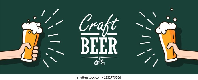 Two glasses of beer attract attention on a green background. Beer background concept for banners, posters, flyers and promotional material. Vector illustration in flat style.