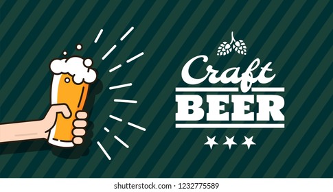 Two glasses of beer attract attention on a green background. Beer background concept for banners, posters, flyers and promotional material. Vector illustration in flat style.