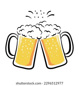 Two glasses of beer with bubbles and foam. Vector design.