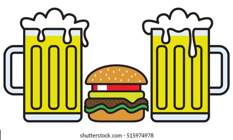 Two glasses of beer and burger. Simple icons. Vector image.