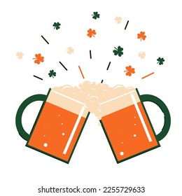 two glasses of beer, cheers, clover, irish flag colors, st patrick's day