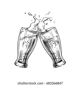 Two glasses of beer clink at a toast with a splash of beer foam. Hand drawn illustration for design menu restaurants, pubs, bars, posters for the Festival, Oktoberfest, brewery, banners. Vector sketch
