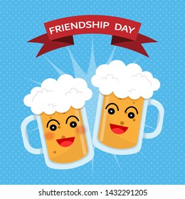 Two glasses of beer are colliding, showing friendship, fun. vector illustration.