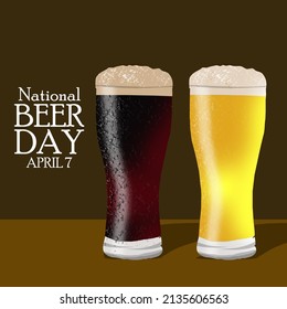 two glasses of beer with different flavors served on a brown table and texts, National Beer Day April 7