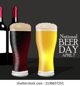 Dos vasos de cerveza con diferentes sabores con botella de cerveza en la espalda y textos, Día Nacional de la Cerveza 7 de abril