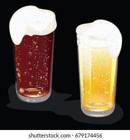 Two glasses of beer with a great foam on a black background - art creative vector illustration