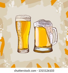 Two glasses of beer, hand-drawing oktoberfest beer, beer with foam. Vector drawing