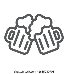 Two glasses of beer line icon, st patrick's day and alcohol, toasting beer glasses sign, vector graphics, a linear pattern on a white background, eps 10