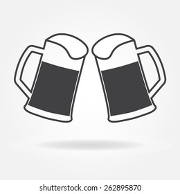 Two glasses or beer mugs isolated on white background. Cheers icon or sign. Vector illustration.