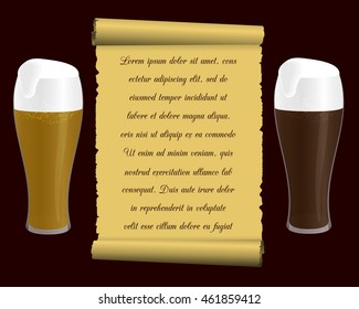 two glasses of beer and old tissue paper (scroll) with an inscription