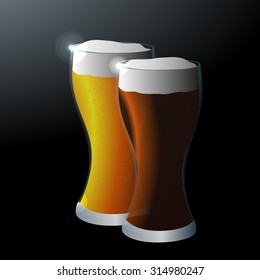 Two glasses of beer on a dark background