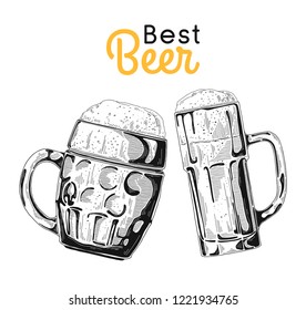 Two glasses with beer on a white background. Vector illustration in sketch style.