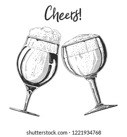 Two glasses with beer on a white background. Inscription Cheers! Vector illustration in sketch style.