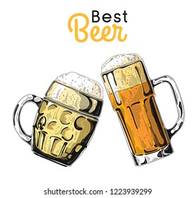 Two glasses with beer on a white background. Vector illustration in sketch style.