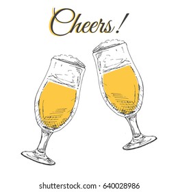 Two glasses with beer on a white background. Inscription Cheers! Vector illustration in sketch style.