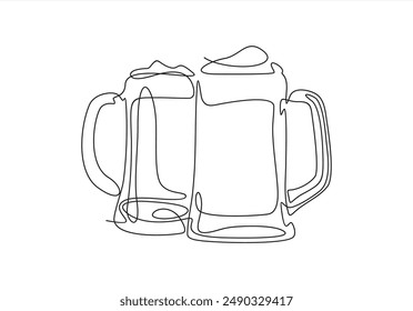 Dos vasos de cerveza una línea continua. Vasos de cerveza de Line art. Arte vectorial dibujado a mano.