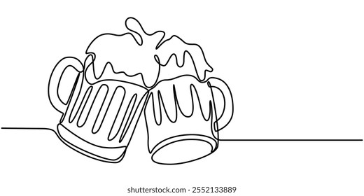 Two glasses of beer one line continuous. Line art glasses of beer. Hand drawn vector art, Continuous Line Drawing of Craft Beer Icon. Hand Drawn Symbol Vector Illustration, One Continuous Line Drawing