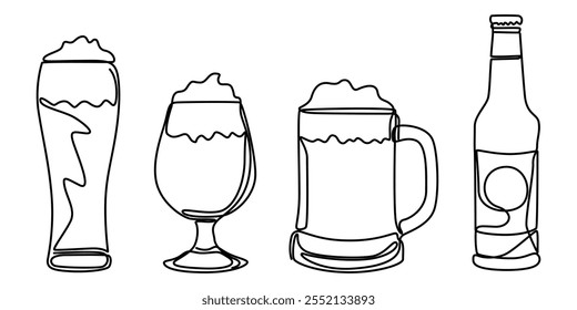 Two glasses of beer one line continuous. Line art glasses of beer. Hand drawn vector art, Continuous Line Drawing of Craft Beer Icon. Hand Drawn Symbol Vector Illustration, One Continuous Line Drawing