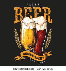 Two glasses of beer sit side by side showcasing a light golden brew and a darker amber variety topped with frothy foam. The design highlights freshness and premium quality.