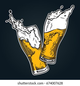 Two glasses of beer toasting creating splash. Vintage vector engraving illustration for web, poster, invitation to party. Hand drawn design  element isolated on black background.