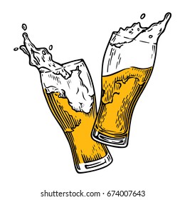 Two glasses of beer toasting creating splash. Vintage vector engraving illustration for web, poster, invitation to party. Hand drawn design element isolated  on white background.