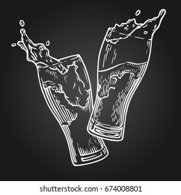 Two glasses of beer toasting creating splash.  Vintage vector engraving illustration for web, poster, invitation to party. Hand drawn design element isolated on black background.