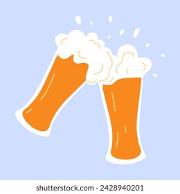 Two glasses of beer. Vector illustration in hand drawn style. Blue isolated background.