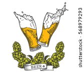 Two glasses of beer with wreath of hops toasting creating splash. Vintage vector engraving illustration for web, poster, invitation to party. Hand drawn design element isolated on white background.