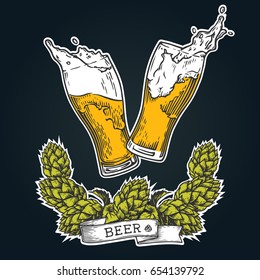 Two glasses of beer with wreath of hops toasting creating splash. Vintage vector engraving illustration for  web, poster, invitation to party. Hand drawn design element isolated on black background.