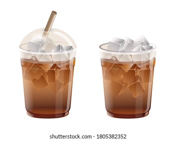 Two glasses of Black tea with ice cubes and straw .Vector illustration in white background.