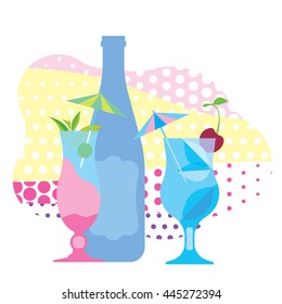 Two glasses of blue cocktail, a bottle of wine, ornamental, flat illustration