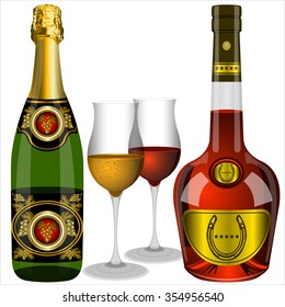two glasses and a bottle of champagne and of brandy on a white background vector