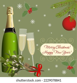 Two glasses and a bottle of sparkling wine decorated with mistletoe, holly and spruce branch with a Christmas ball on an olive background with snowflakes